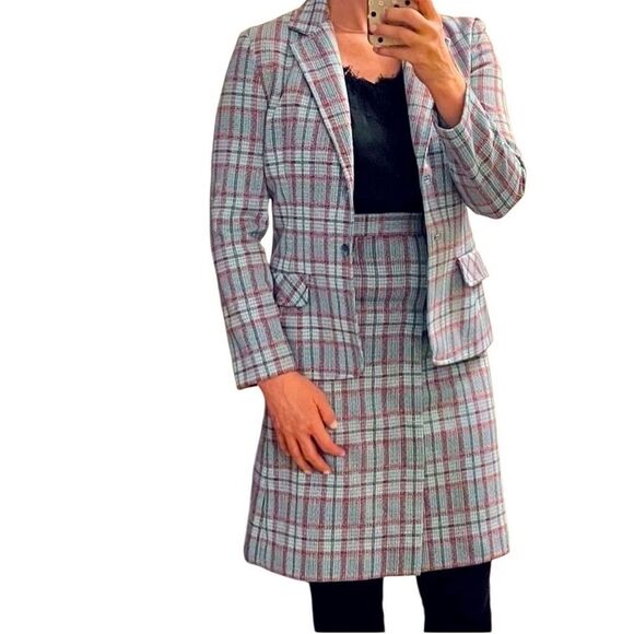 Vintage 70s Plaid Blue Stretch Single Breast Jacket A Line Skirt Suit Set M - Picture 1 of 11